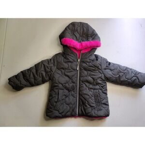Pistachio Girls Reversible Puffer Jacket Gray Pink‎ Faux Fur Hooded Kids 2t